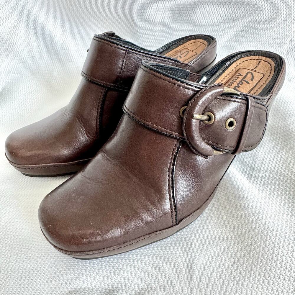Clarks Artisan Womens Sz 5.5 Brown Leather Buckle Clog Mules Buckle Shoes #85068